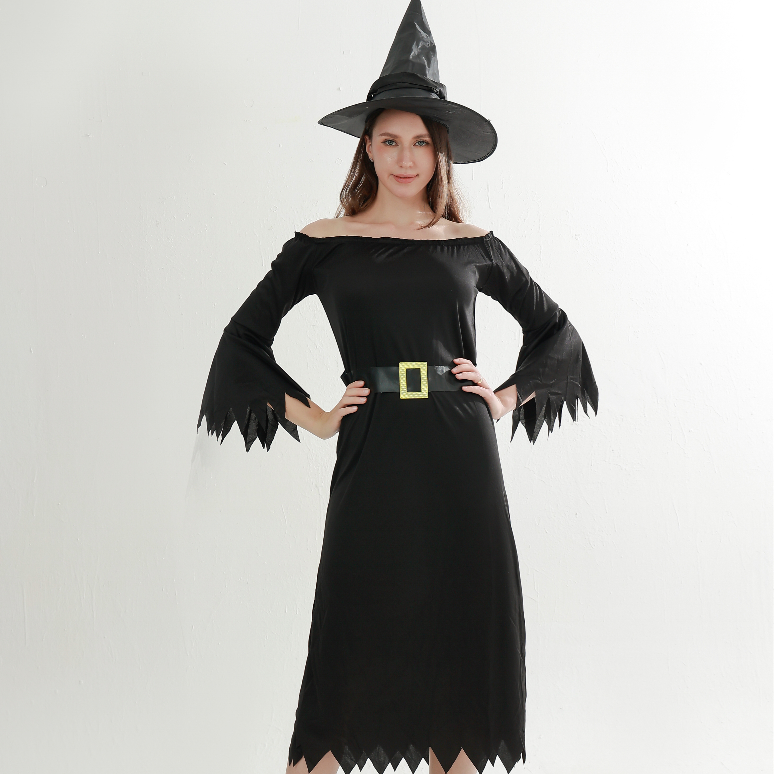adult black witch dress Dare Fashion Adult Gothic Witch Costume Black Corset Dress Purple Hat Tights 4x main image 1
