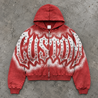 Hoodie court vintage personnalisé délavé à l'acide pour homme, imprimé graphique, détails cloutés métalliques, fermeture éclair, poignets côtelés, collection streetwear de marque