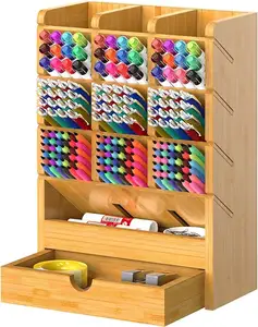 Organisateur de bureau en bambou avec 14 tiroirs porte-stylo crayon marqueur organisateur de bureau stationnaire en bois pour fournitures d'art de bureau