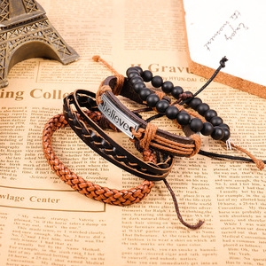 MG7 4 pièces/ensemble Bracelets en <span class=keywords><strong>cuir</strong></span> tressé pour hommes - Vintage, Believe, Perles en <span class=keywords><strong>bois</strong></span> Poignet Noir Brun - Product Image 4
