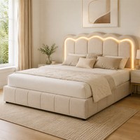 Cama con almacenamiento y elevación a gas, tapizada con diseño de canal en V y capitoné, con cabecero LED, estructura de metal y terciopelo, somier de láminas de madera, fácil montaje