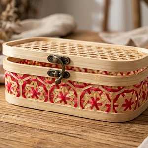 Woven Bamboo Storage Box with Lid Boho Home Decor Natural Rectangular Basket for <b>Shelf</b> Colorful Geometric Pattern Organizer Viet - Product Image 3