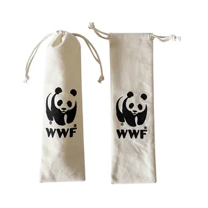 Custom Logo 7x24cm Drawstring Portable Cotton Sucking Tube Pouches Canvas Bamboo Straw Bags For Travel