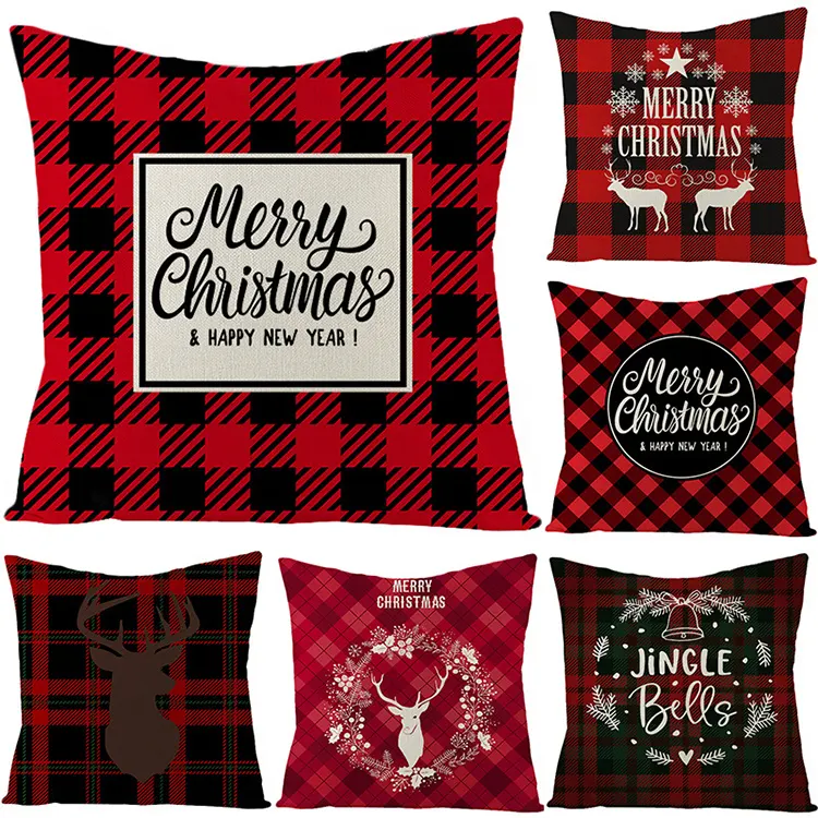 Modern Wind Red Plaid Christmas Linen Pillow covers 2022 New flax Home Christmas decoration Sofa Cushion Cover Pillow Case