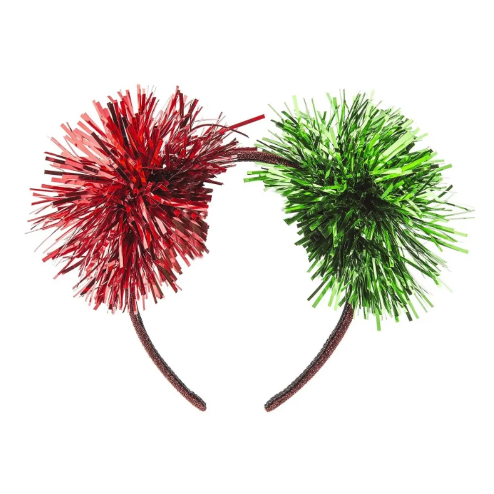 Red Green Christmas Tinsel Foil Small Pom Poms Ears Glitter Fashion Headband Head Bopper for Kids Children
