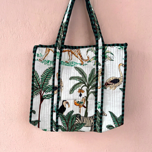 Bolso de mano de algodón acolchado a la moda con estampado de animales de la selva, bolso de compras de gran capacidad para mujer, para todas las estaciones. - Product Image 1