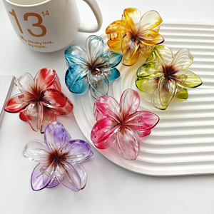 Pince à cheveux griffe de requin pour femme, motif <span class=keywords><strong>fleur</strong></span> de <span class=keywords><strong>frangipanier</strong></span> colorée, en plastique, pour mariage hawaïen, plage et usage quotidien - Product Image 4