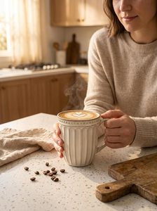 Tazza in Ceramica Rustica Bianca Lavata con Fondo Scanalato, Tazza da Caffè Retrò a Righe con Manico per Arredamento Casa e Cucina - Product Image 2