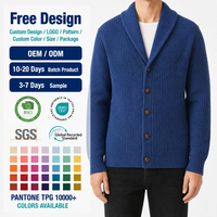 Hochwertige Herren-Strickjacke mit V-Ausschnitt und Knopfleiste in Indigoblau, Fischermuster, OEM ODM Fabrikfertigung