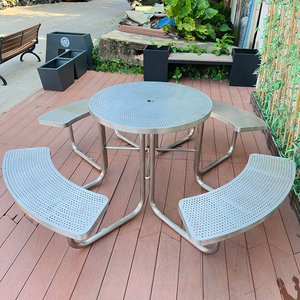 All-Weather Outdoor <b>Dining</b> Table <b>Set</b> Perforated Metal 304 Stainless Steel Table and Four <b>Benches</b> Round Party Tables and Chairs W - Product Image 5