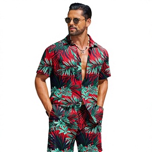 mens red green tropical leaf print <b>short</b> <b>sleeve</b> lapel <b>button</b> <b>up</b> shirt matching <b>shorts</b> 2 piece set casual hawaiian outfit - Product Image 1