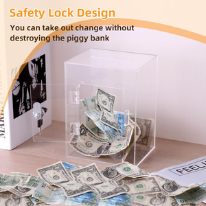 OEM acrylique clair carré tirelire tirelire clé réutilisable coffre-fort banque d'épargne pot d'argent - Product Image 2