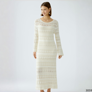 Vestido Midi de Punto Mixto con Cuello Redondo, Manga Campana, Semitransparente, Ajustado, con Estampado Geométrico para Mujer - Product Image 3