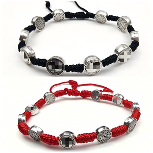 Handmade Chinese Knot <b>Red</b> And Black Rope <b>Bracelet</b> Tibetan Silver Alloy Cross Pattern Unisex Gift Jewelry RB-241 - Product Image 1