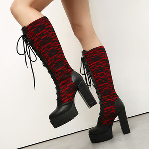 Botas Rojas de Plataforma a Media Pantorrilla con Tacón Grueso, Punta Redonda, Cordones, Estampado, Parte Superior Sintética, Estilo para Todas las Estaciones, Envío Directo - Product Image 3