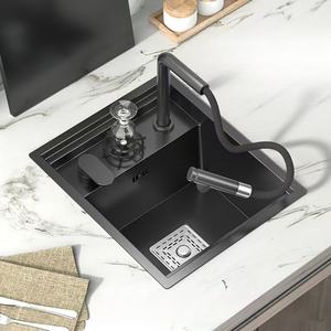 Évier de <span class=keywords><strong>cuisine</strong></span> encastré en acier inoxydable, fabrication industrielle, cuve unique, finition nano noire, robinet design moderne, garantie 5 ans, à poser sur comptoir - Product Image 4