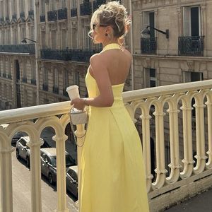Custom <strong>Yellow</strong> Halter Maxi <strong>Dress</strong> for <strong>Women</strong> Elegant Straight Pleated Floral Sweet Natural Digital Printing Daily <strong>Dress</strong> - Product Image 2