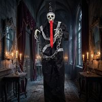Squelette fantôme suspendu grandeur nature de 1,80 m pour Halloween, avec robe noire et chaînes de langue rouge, idéal pour la décoration de maison hantée