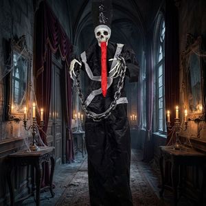 Esqueleto Fantasma Colgante de Halloween de 180 cm (6 pies) de Tamaño Real, con Túnica Negra y Cadenas de Lengua Roja, Decoración para Casa Encantada - Product Image 2
