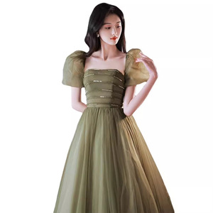 Ethereal Green Evening Gown Square Collar Puff Sleeve Vintage Formal Dress Empire Waist Long Ball Gown Forest Style - Product Image 5