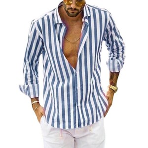 <span class=keywords><strong>Camicia</strong></span> da uomo Casual a righe con risvolto a manica lunga da uomo 2024 europea e americana nuova <span class=keywords><strong>camicia</strong></span> ampia da uomo - Product Image 1