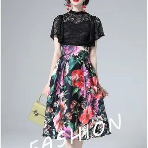 TZ8299 New 2022 Korean Fashion Black Lace Shirt Tops + Floral Skirt Set Women Two Pieces Sets Clothing Wholesale 2