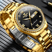 Montre-bracelet classique pour homme, quartz, acier inoxydable doré, étanche, calendrier, cadran lumineux, lunette sertie de diamants, style business, Relojes Para Hombre