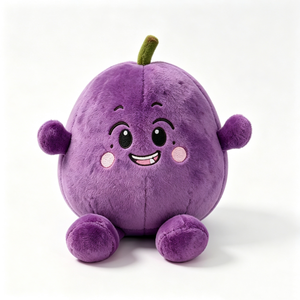 Peluche de ciruela redonda personalizado con tallo, peluche de fruta con cara sonriente bordada, peluche de ciruela morada suave y peluda, peluche de alta calidad. - Product Image 1