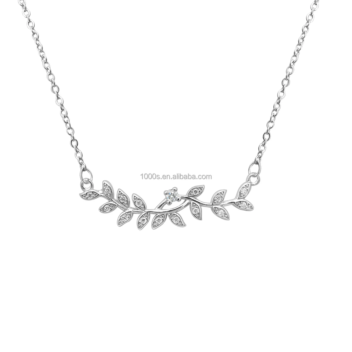 Özel basit tasarım 925 ayar gümüş zeytin dalı yaprak charm kolye kolye zinciri ile