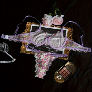 Women's Sexy Countryside Style Fragmented Flower Lace Embroidery Gathering Underwear Set With <b>Perspective</b> Mesh Bow Two Piece Set - Product Image 2