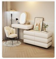 Coiffeuse en bois massif avec plateau en pierre, tiroirs intégrés et armoire éclairée, style moderne minimaliste crème, pour chambre et salon