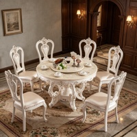 Französisches Luxus-Esszimmer-Set mit Rundem Marmortisch, Handgeschnitzten Massivholz-Lederstühlen und Drehbarem Esstisch