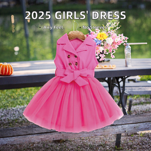 Vestido de Verano 2025 para Niñas de 1 a 5 Años, Estilo Casual, Color Sólido, Sin Mangas, Cuello Redondo, Combinado con Malla, Estilo Dulce - Product Image 2