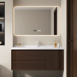 Meuble de salle de bain de style chinois moderne avec lavabo en céramique ardoise, vasque de lavage des mains et armoire miroir intelligente - Product Image 6