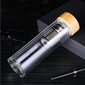 Bouteille d'eau en verre borosilicate à double paroi avec infuseur à thé, couvercle en bambou écologique, vente en gros OEM/ODM - Product Image 3