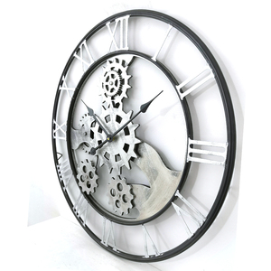 Horloge murale à quartz de style industriel rétro ronde de 70 cm en bois argenté avec engrenage et chiffres romains pour <span class=keywords><strong>la</strong></span> décoration de <span class=keywords><strong>la</strong></span> maison - Product Image 3