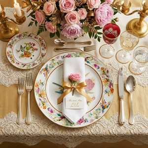 Assiettes <span class=keywords><strong>de</strong></span> Dîner en <span class=keywords><strong>Porcelaine</strong></span> Florale Royale avec Bord <span class=keywords><strong>Doré</strong></span>, Assiettes <span class=keywords><strong>de</strong></span> <span class=keywords><strong>Table</strong></span> en Céramique Exquises, Vaisselle Impériale pour Douche Nuptiale, Cadeau <span class=keywords><strong>de</strong></span> Traiteur - Product Image 6
