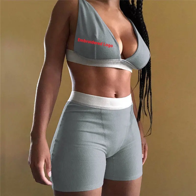 Embroidered Logo Sexy Ribbed Bra And Cycle Shorts Loungewear Set Two Piece Ribbed Lounge Set V Neck Bra Shorts Skims Lounge Wear