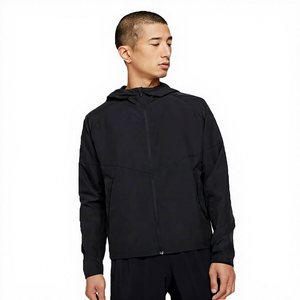 <b>Men's</b> Black Hooded Windproof Sports <b>Jacket</b> With Zipper Front Solid Color Regular Fit Polyester Material Autumn Wear - Product Image 1