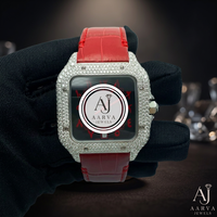 Montre à cadran carré à quartz, verre saphir, lunette sertie de strass, bracelet en cuir (20 mm), boîtier en acier inoxydable, style bijoux de mode