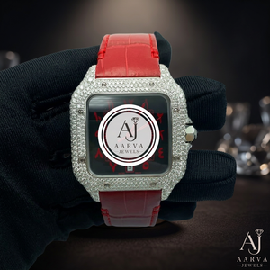 Montre à quartz à cadran carré, lunette sertie de strass, bracelet rouge, style bijou de mode - Product Image 1