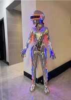 Costume de robot futuriste avec miroir argenté et éclairage LED, ensemble complet, combinaison miroir, casque, gants, tenue de scène