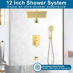 ברז ג 'קוזי מקלחת צבע זהב ידית כפולה ראש מקלחת מרובע ראש עיצוב מודרני גשם גשם רכוב קיר מקלחת 12 אינץ' - Product Image 2