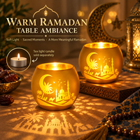 Lanterne à bougie chauffe-plat Ramadan, abat-jour, décoration de table Aïd, décoration islamique pour la maison, ornement doré découpé en forme de croissant et de mosquée