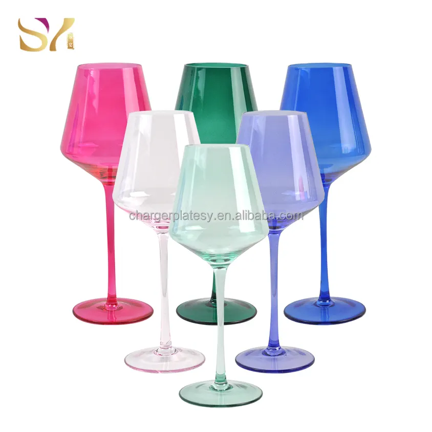 Custom Blue glassware Wholesale colorful Goblet Pink Lead free Crystal Stemware Colored Wine Glasses