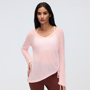 <span class=keywords><strong>Camiseta</strong></span> de yoga transparente de manga larga para mujer, cuello en V, cintura con cordón, ajuste holgado, para fitness y entrenamiento - Product Image 2