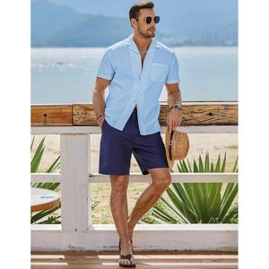 FOXA Men's Casual Short Sleeve Button <b>Down</b> Shirt Textured Cotton Poplin Breathable Vacation Shirt With Pocket Summer Beach - Product Image 5