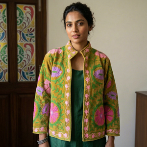 <b>Women</b> <b>Mustard</b> Velvet Suzani Bomber Jacket Handmade Floral Embroidery Eco-Friendly Thick Autumn Cotton Lining Stand <b>Coat</b> for Mum - Product Image 1