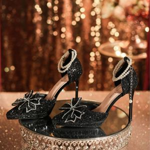 Elegantes Zapatos de Tacón Alto de Cuero PU con Cuentas Hechas a Mano y Decoración de Lazo con Cadena de Perlas para Bodas y Eventos Nocturnos, Aptos para Todas las Temporadas, Tallas 35-40 - Product Image 1