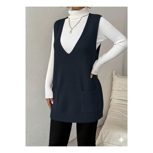 Gilet en tricot sans manches pour femme avec poches, beige, taille S M XL, longueur 85 cm - Product Image 3
